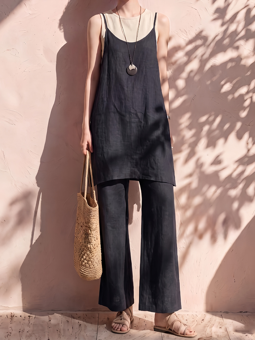 Linen Pant Wide - Conjunto feminino de linho sem mangas,