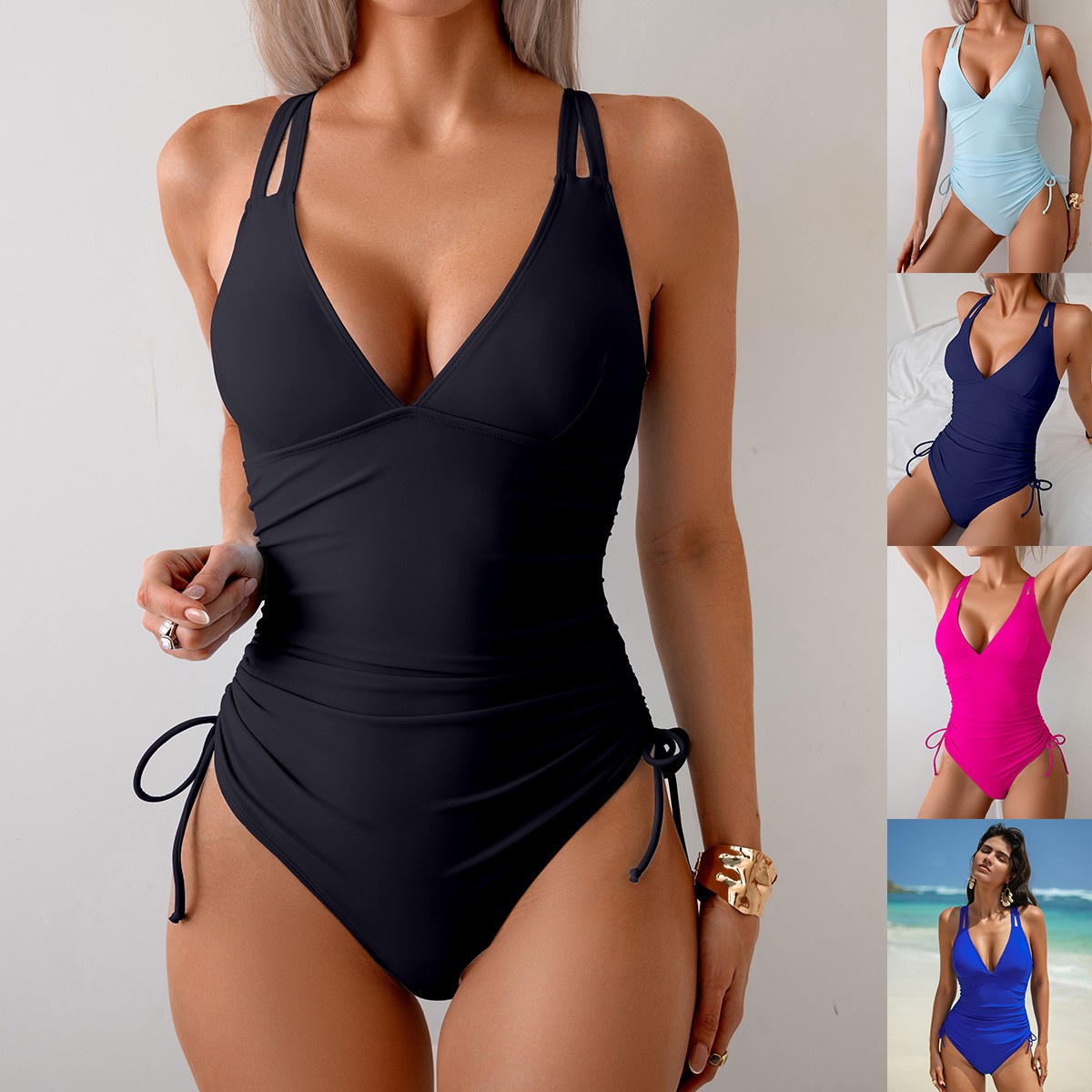 Maiô Preto Sólido com Decote e - Swimsuit Bikini Ruched avaliação e preço